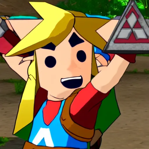 Prompt: link is frustrated because he's trying to assemble 8 pieces of the triforce like a puzzle