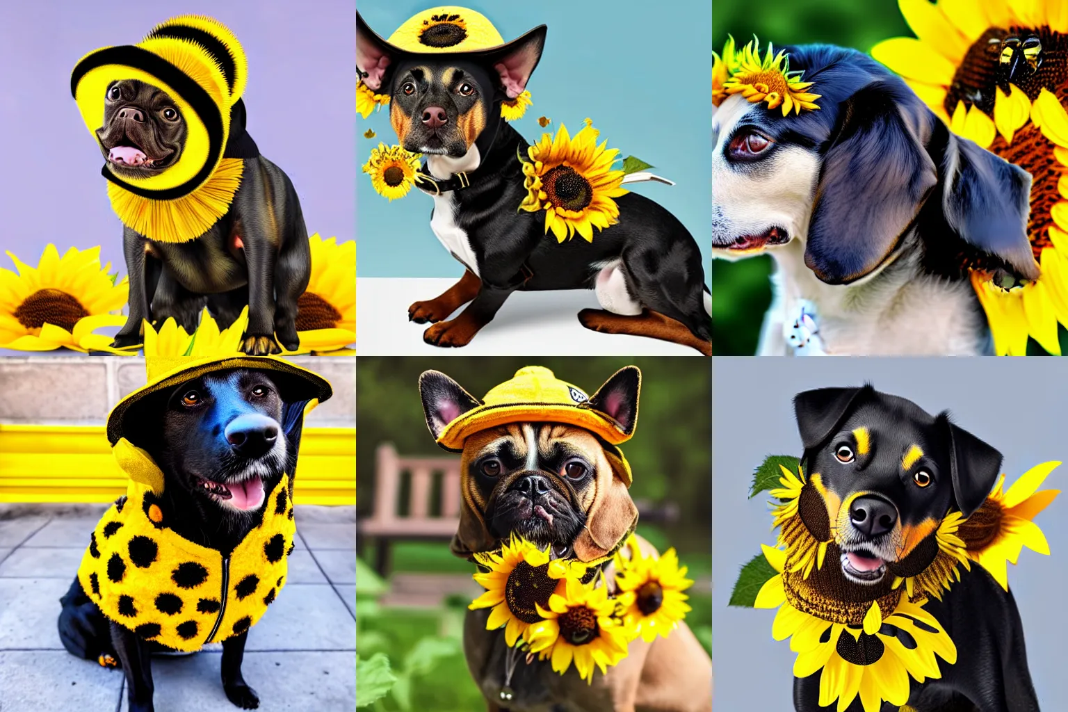 Prompt: dog with a bumblebee coat wearing a sunflower hat covered in bumblebees, photo realistic, colorful lighting, realistic shadows