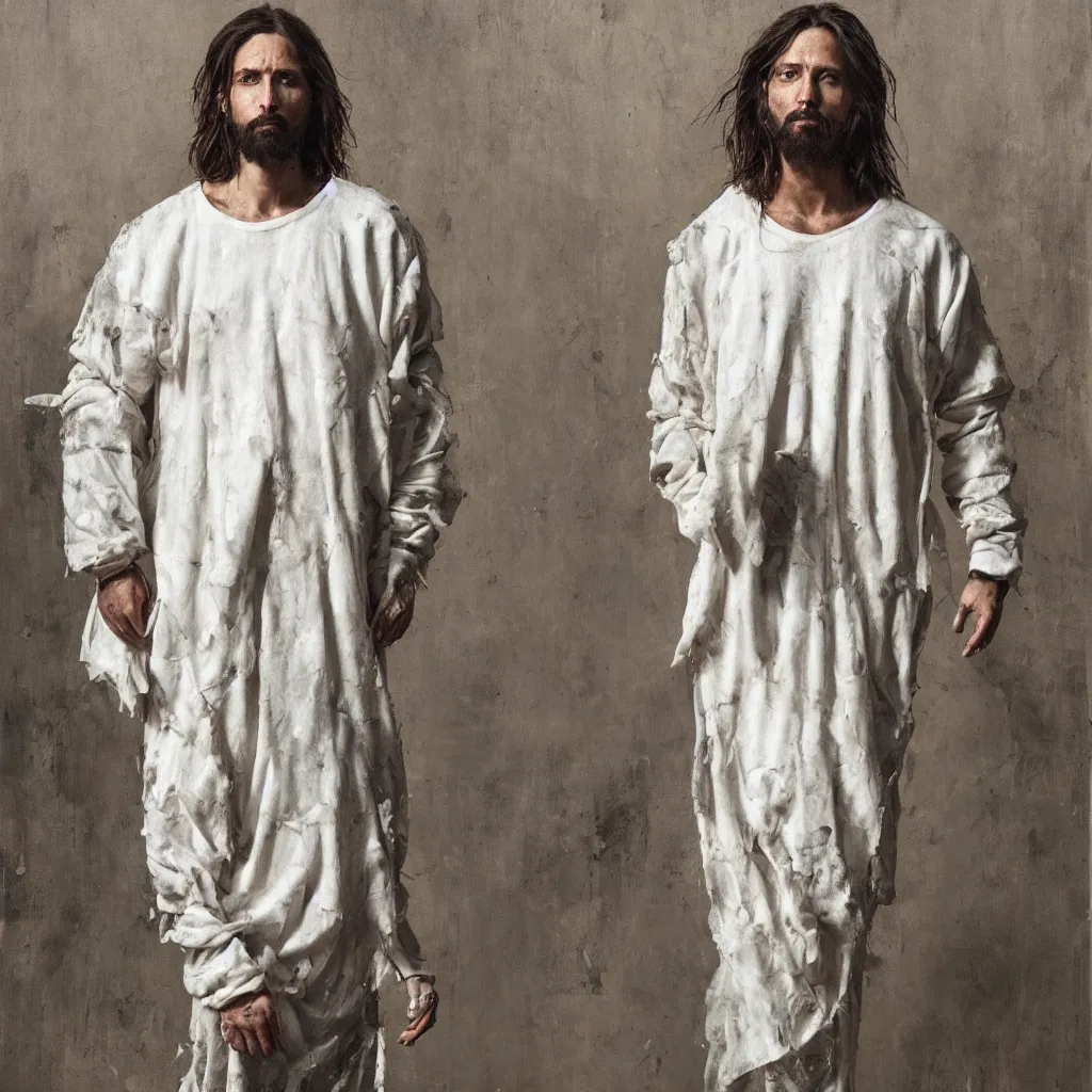 Image similar to a full body lookbook portrait of modern - day jesus wearing cream yeezy and fear of god menswear collection by nicola samori, detailed, oil painting, hyper - realistic, 8 k, yeezy collection