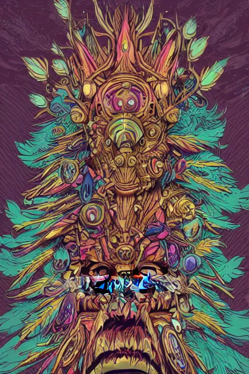 Image similar to animal mask totem roots tribal feather gemstone plant wood rock shaman vodoo video game vector illustration vivid multicolor borderlands comics by josan gonzales and dan mumford radiating a glowing aura