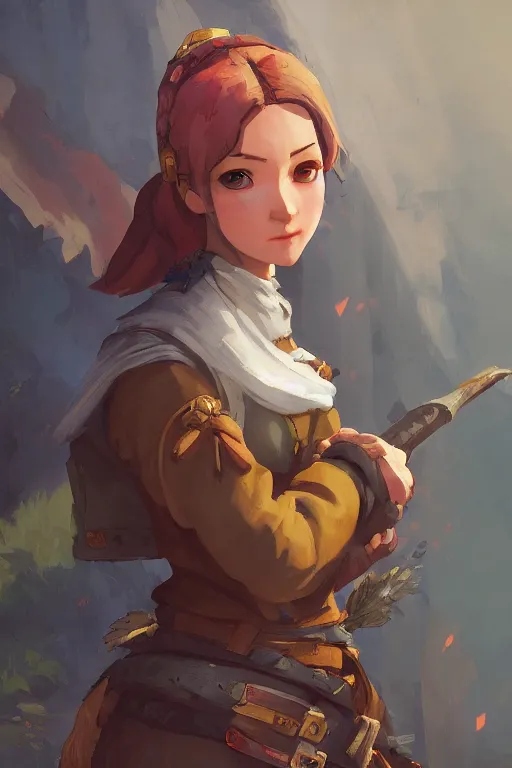 Image similar to a portrait of a cute female medieval peasant, rustic setting, overwatch art team, action pose, vivid colors, soft lighting, atmospheric, cinematic, moody, splash art in the style of ilya kuvshinov and range murata, oil on canvas, 8 k