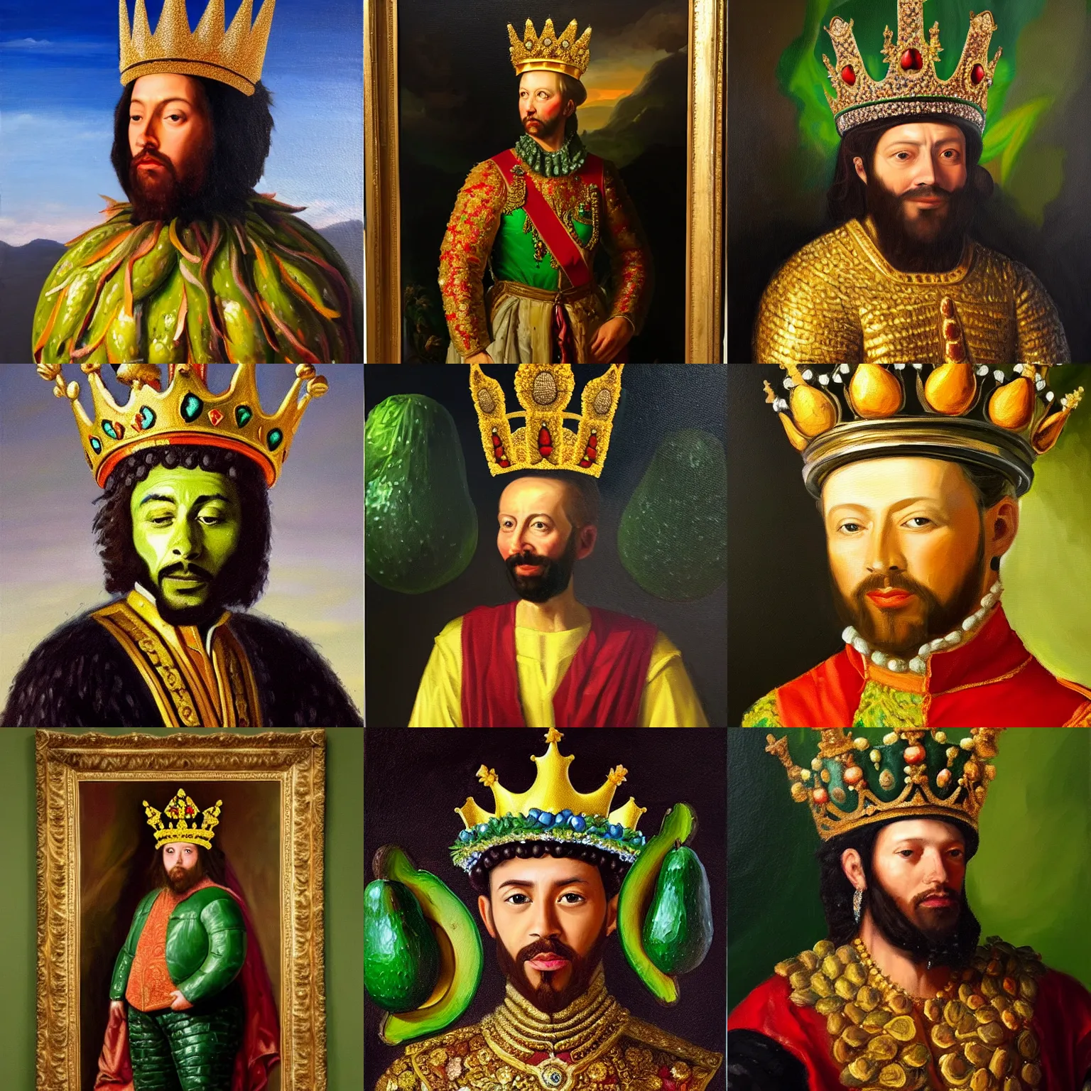 Prompt: An oil painting of a king wearing a crown made of avocados and a royal mantle. Fantastical, vivid.