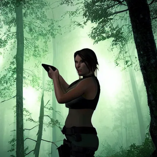 Prompt: lara croft thicc, sitting looking at her phone in a dark foggy forest, big bust, phone lighting, aesthetic,
