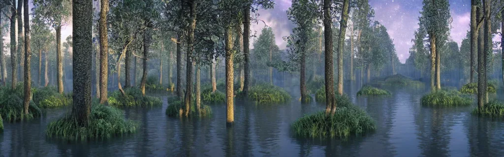 Prompt: fantasy forest of glowing trees and glowing flying insects, a lake reflecting the lights, myst on the air, cinematic feel, hyper realistic, high detail, blender render .