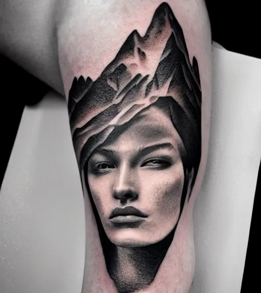 Prompt: fade of a hyper realistic mountain scenery with a beautiful woman face, tattoo design sketch, in the style of matteo pasqualin, hyper - realistic, amazing detail, black and white