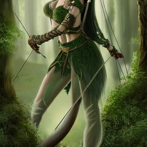 Image similar to a young elven female archer. long silver hair, fair skin like porcelain, beautiful greens eyes. fantasy. digital art. very detailed. anatomically precise. forest background.