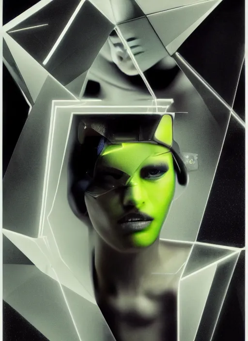 Image similar to futuristic fine lasers tracing, data visualization, cyberpunk bodysuit, tesseract, laserpunk, blindfold pyramid visor, rain, wet, oiled, sweat, girl pinup, by steven meisel, james jean and rolf armstrong, geometric cubist perfect geometry abstract acrylic and hyperrealism photorealistic airbrush collage painting with monochrome and neon fluorescent colors, 1 9 8 0 s eros