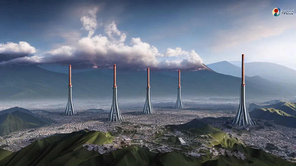 Image similar to Epic Nuclear power towers gracefully over the mountain valley of Quito, Ecuador; by Oswaldo Moncayo and Vincent Callebaut; Location: Quito Ecuador 4K, 8K; Ultra-Realistic Depth Shading