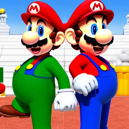 Prompt: Mario and Luigi wearing Hermes suits, photorealistic, ultra-detailed, 4k high resolution, HDR shot