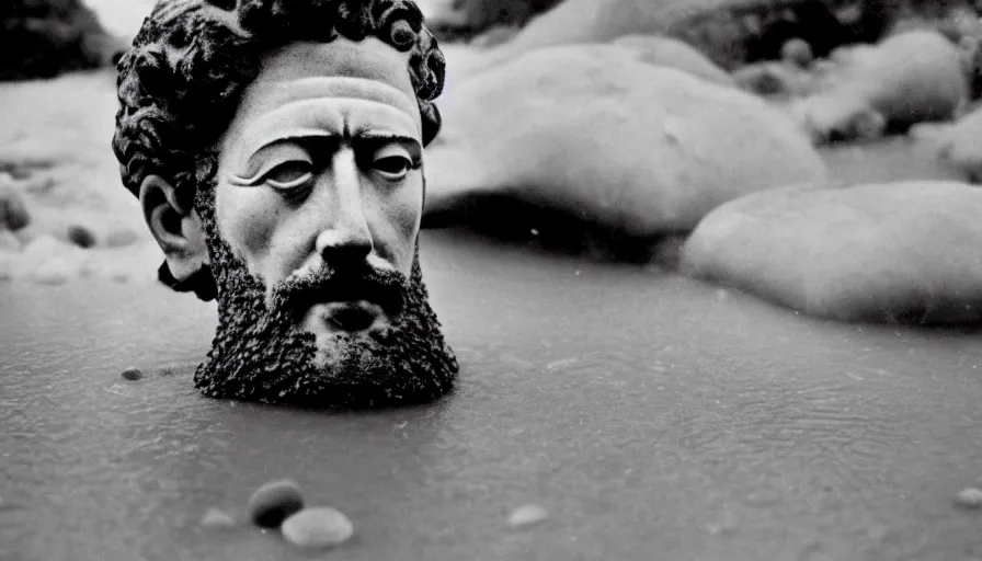 Image similar to 1 9 6 0 s movie still close up of marcus aurelius frozen to death in a river with gravel and pebbles, pine forests, cinestill 8 0 0 t 3 5 mm b & w, high quality, heavy grain, high detail, texture, dramatic light, anamorphic, hyperrealistic, foggy