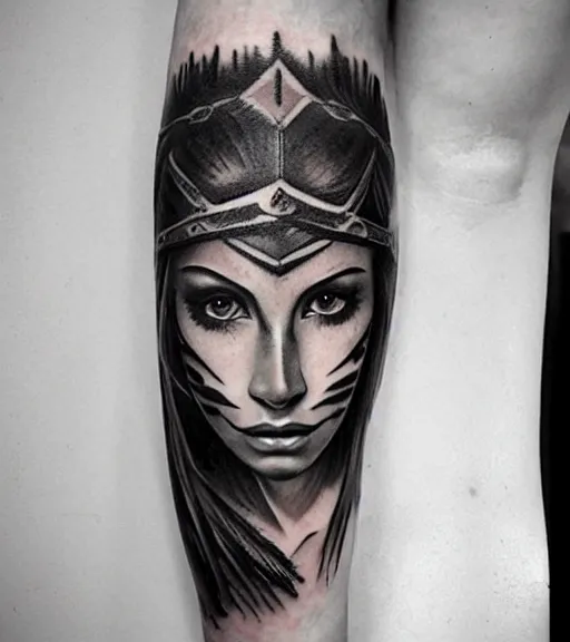 Prompt: tattoo design of a beautiful girl warrior below a tiger head, hyper realistic, realism tattoo, by eliot kohek, beautiful eyes, realistic face, black and white, white background