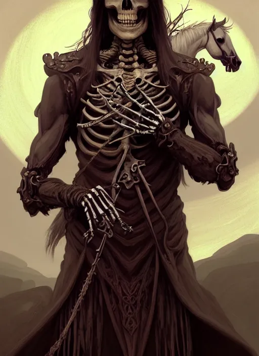 Prompt: portrait of skeleton necromancer and his horse horse, purple palette, cave landscape, fantasy magic, dark light night, intricate, elegant, sharp focus, illustration, highly detailed, digital painting, concept art, matte, art by wlop and artgerm and greg rutkowski and alphonse mucha, masterpiece