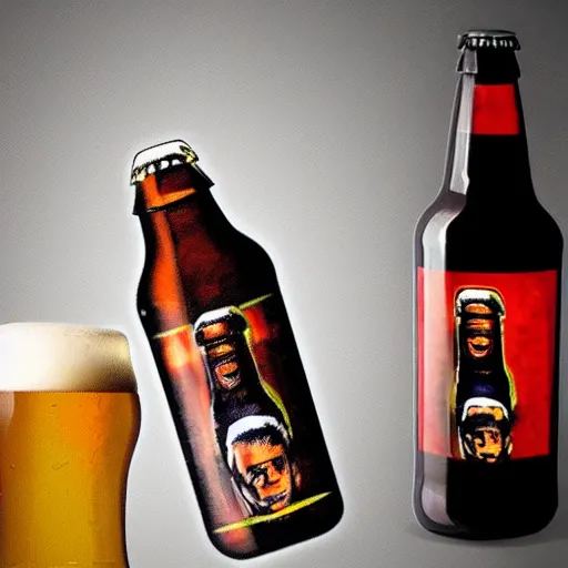 Prompt: a beer bottle with a reflection of mike tyson's face on it.