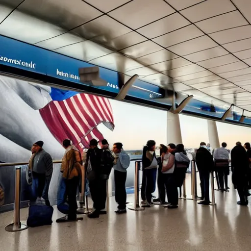 Image similar to guys waiting in line for customs at jfk airport, they are looking at a mural, photorealistic, photograph 4 k