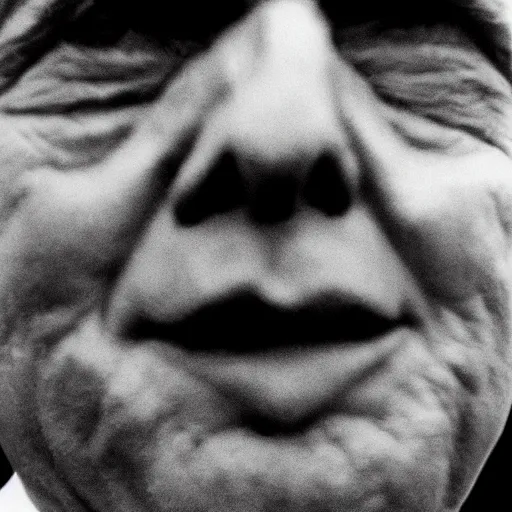 Image similar to photo of Donald Trump by Diane Arbus, extreme closeup, black and white, high contrast, Rolleiflex, 55mm f/4 lens
