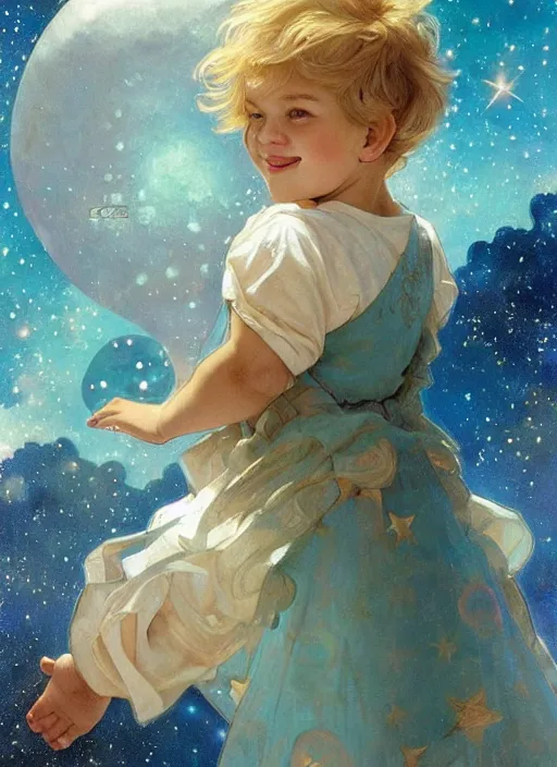 Image similar to a cute little boy with a round cherubic face, blue eyes, and tousled blonde hair smiles as he floats in space with stars all around him. She is wearing a turquoise outfit. Beautiful painting by Artgerm and Greg Rutkowski and Alphonse Mucha