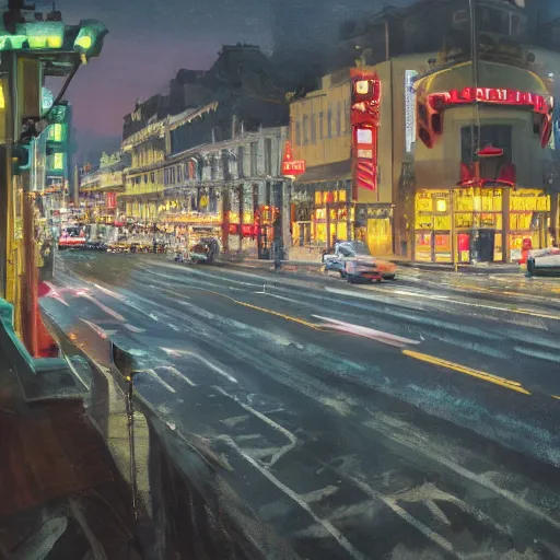 Prompt: A stunningly beautiful award-winning 8K high angle cinematic movie photograph of a foggy main intersection in an quiet 1950s small town at night, by Edward Hopper and David Fincher and Darius Khonji, cinematic lighting, perfect composition, moody low key volumetric light. Color palette from Seven, greens yellows and reds. 2 point perspective