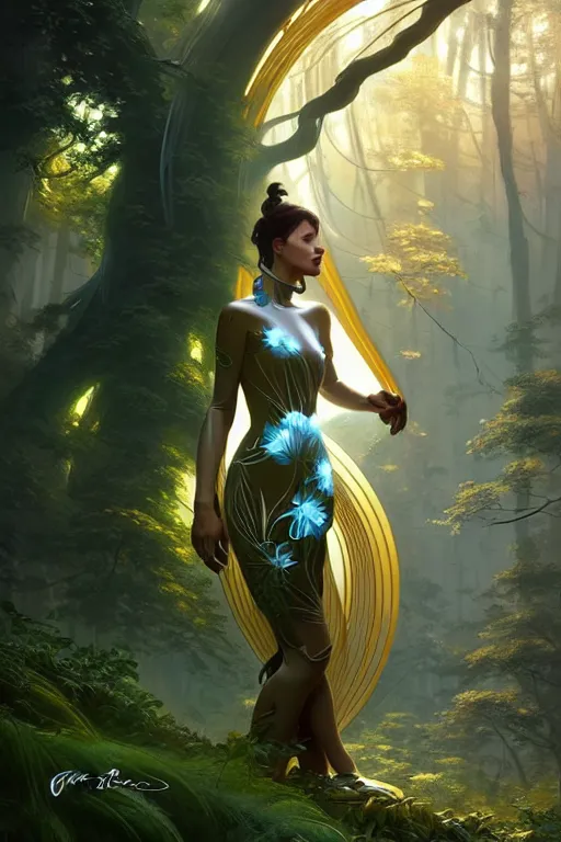 Image similar to beautiful digital painting of a stylish futuristic female forest with high detail, 8 k, stunning detail, works by artgerm, greg rutkowski and alphonse mucha, unreal engine 5, 4 k uhd