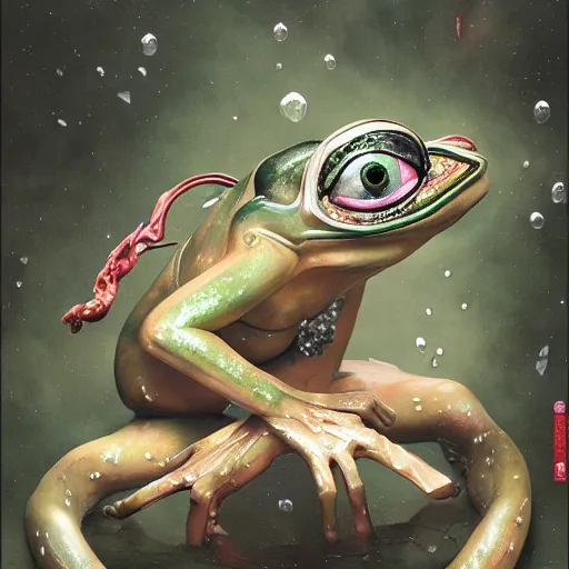 Image similar to plasticine wet shiny angles, crystal, moonlit, mirrors, camera angled dramatically, realistic hyperdetailed design of pepe the frog meme, ferocious, chinese mythology, victo nga, fumo yoshitoshi, ren jing jeong, feifei ruan, peter mohrbacher, takato yamamoto