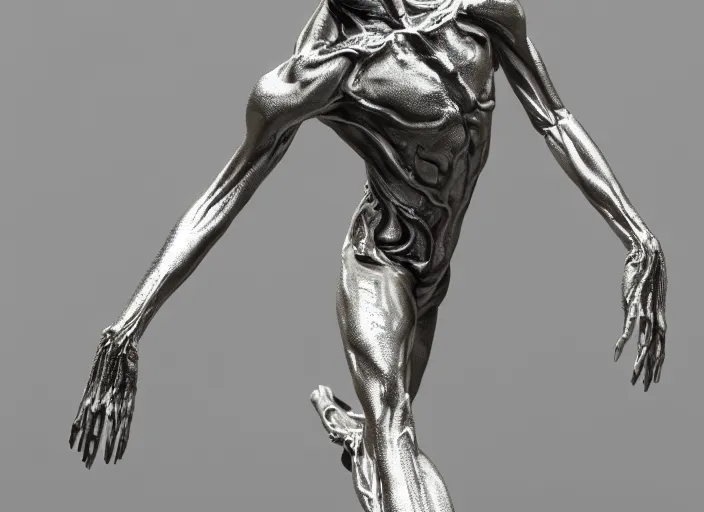 Image similar to stylized shiny polished silver statue full body extra limbs bizarre cosmic horror demonic demon made of marble of slug creature, perfect symmetrical body, perfect symmetrical face, hyper realistic, hyper detailed, by johannen voss, by michelangelo, octane render, blender, 8 k, displayed in pure white studio room