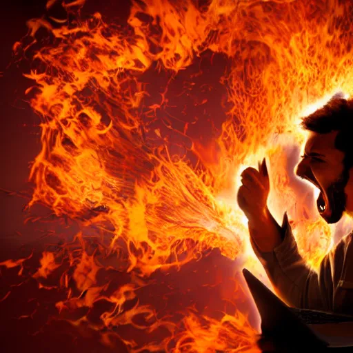 Image similar to a man holding a laptop screaming in rage as flames emerges from his hair, stock photo, realistic, hdr, clear image, hdd, dynamic lighting, rtx on,