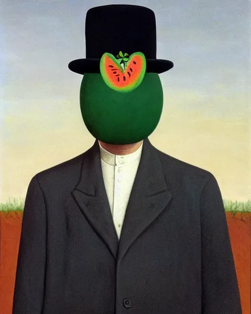 Prompt: painting of a man with a watermelon covering his face, wearing a bowler hat and overcoat, standing in front of the post-apocalypse, oil on canvas, by René Magritte