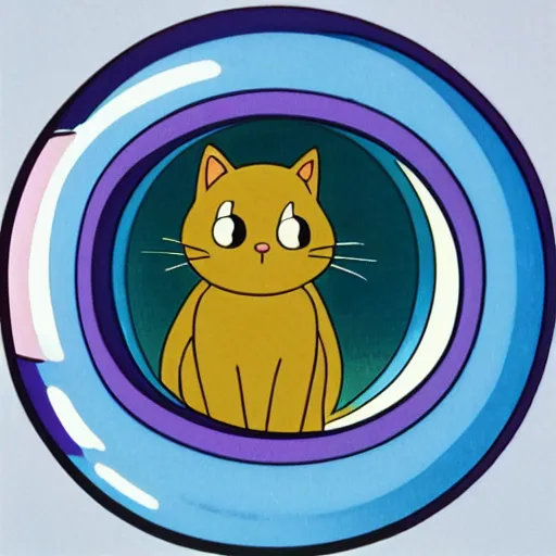 Prompt: a cat peeks out of a circular bubble window, 1 9 9 0 s anime, animation cel, kawaii, soft glow, studio ghibli, grainy