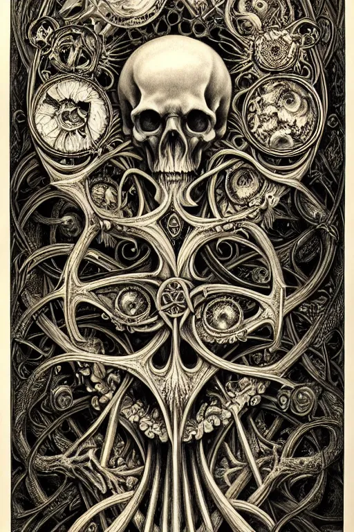 Image similar to detailed realistic memento mori lithograph by cameron gray and ernst haeckel, gothic ornament, skulls, bones, art nouveau, neogothic, ornate art nouveau botanicals, horizontal symmetry, polished