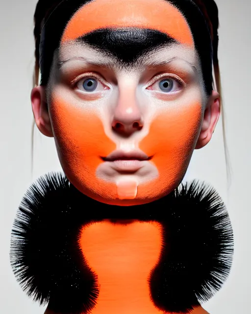 Prompt: symmetrical close - up portrait of a woman wearing a orange silicone beauty mask and hair buns, wearing a black bodysuit by alexander mcqueen, cream white background, soft diffused light, biotechnology, humanoide robot, bjork aesthetic, translucent, by rineke dijkstra, intricate details, highly detailed, masterpiece,