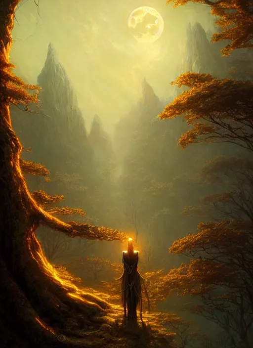 Image similar to fantasy book cover, full moon, fantasy forest landscape, golden elements, fantasy magic, dark light night, intricate, elegant, sharp focus, illustration, highly detailed, digital painting, concept art, matte, art by WLOP and Artgerm and Greg Rutkowski and Albert Bierstadt, masterpiece