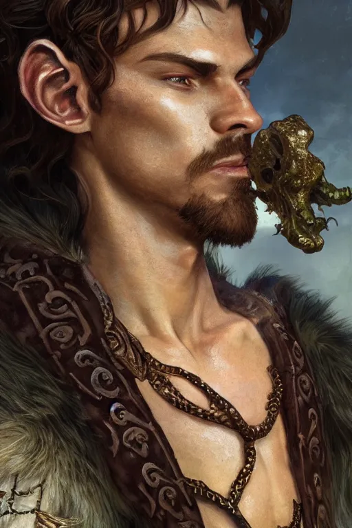 Prompt: close up painting of a young man satyr mage character design from the elder scrolls v : skyrim, decorated, intricate, elegant, highly detailed, digital painting, artstation, concept art, smooth, sharp focus, illustration, art by artgerm and greg rutkowski and alphonse mucha, 8 k