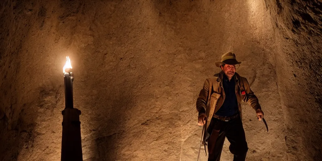 Image similar to Indiana Jones with a torch walking down a staircase into a dark Ancient Egyptian Sandstone tomb