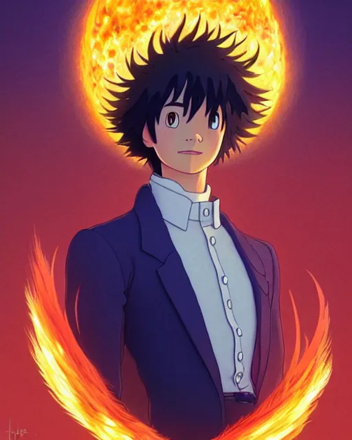 Image similar to portrait of calcifer from the movie howl's moving castle, studio ghibli, intricate, elegant, highly detailed, digital painting, artstation, concept art, smooth, sharp focus, illustration, art by artgerm and greg rutkowski and fra angelico and alphons mucha