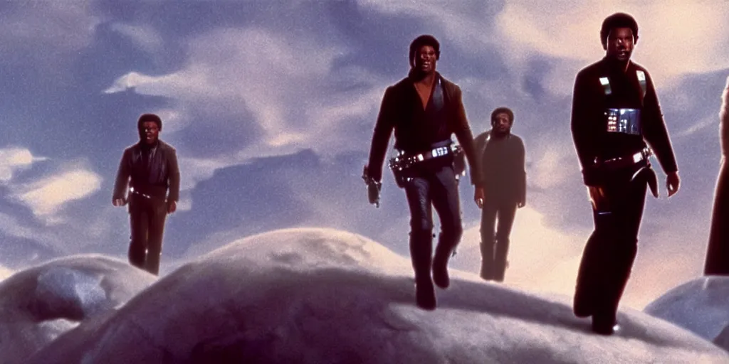 Prompt: screenshot of portrait Han Solo, Lando Calrissian and Luke Skywalker standing on an surreal minimalist a planet of maelstrom, the world without form, 1970s film by Stanley Kubrick, iconic scene, stunning cinematography, octane render, hyper-detailed, sharp, anamorphic lenses, kodak color, 4k, stunning