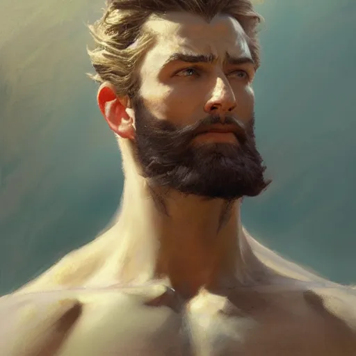 Image similar to detailed cinematic wide shot of muscular attractive masculine sea captain man beard slim face symettrical face clean skin blue eyes white hair, ultra realistic, spring light, painting by gaston bussiere, craig mullins, j. c. leyendecker