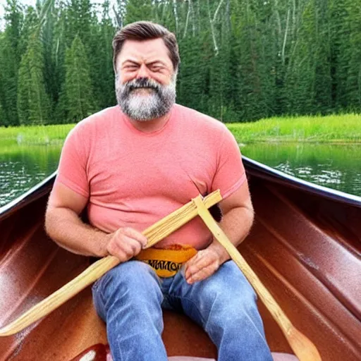 Prompt: Nick offerman sitting in a canoe made of bacon, smiling, highly detailed, beautiful water