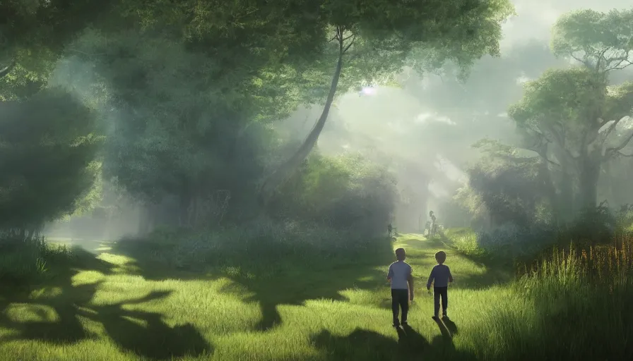 Prompt: father and son walking in brookside gardens, sunny day, volumetric light, hyperdetailed, artstation, cgsociety, 8 k