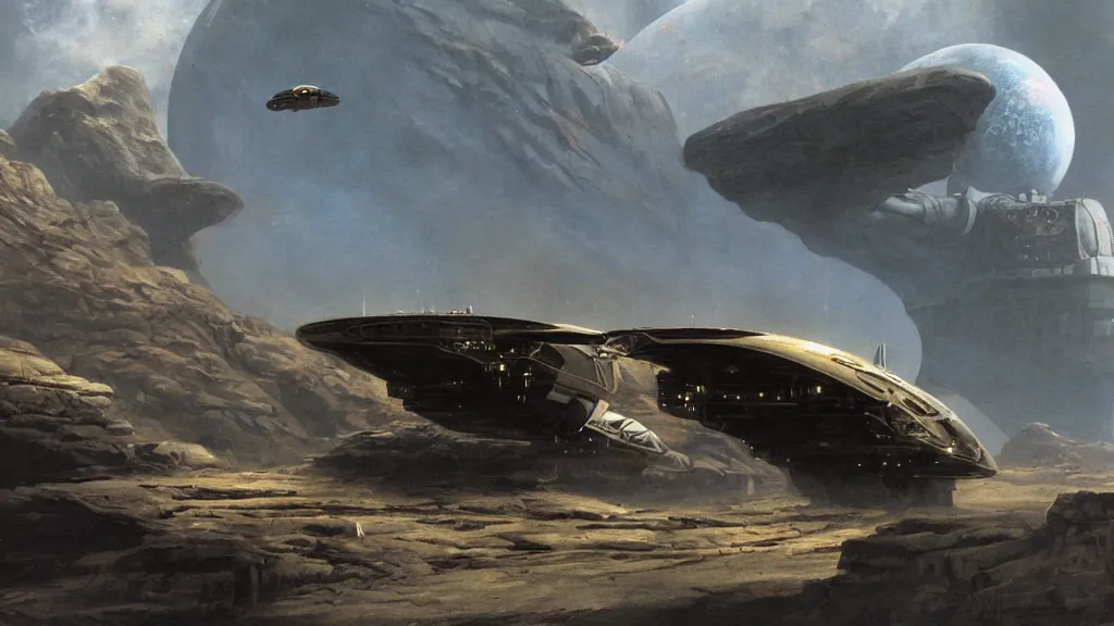 Prompt: organic dropship lander by john schoenherr and jim burns, epic cinematic matte painting