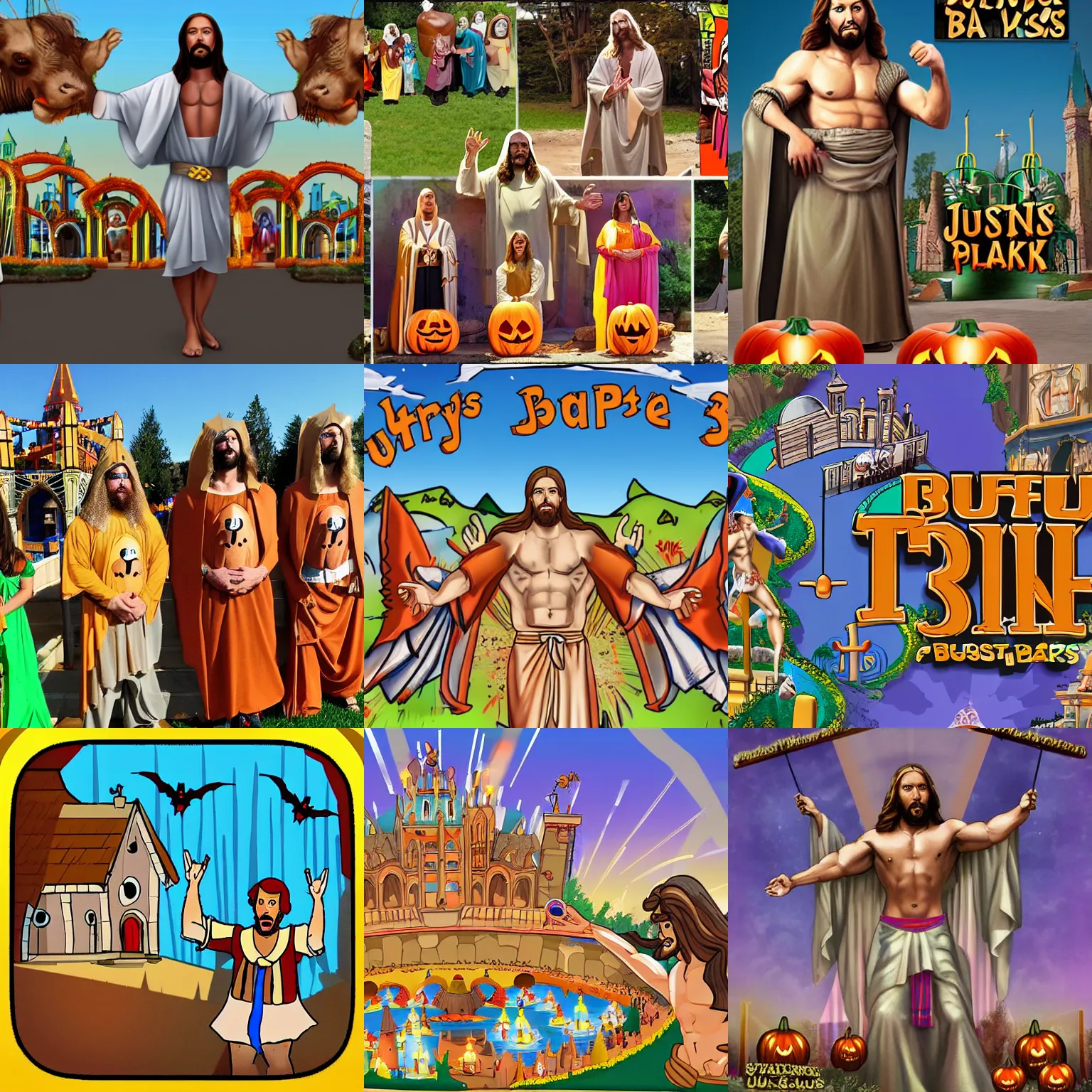 Prompt: buff jesus theme park in the style of crappy halloween costumes