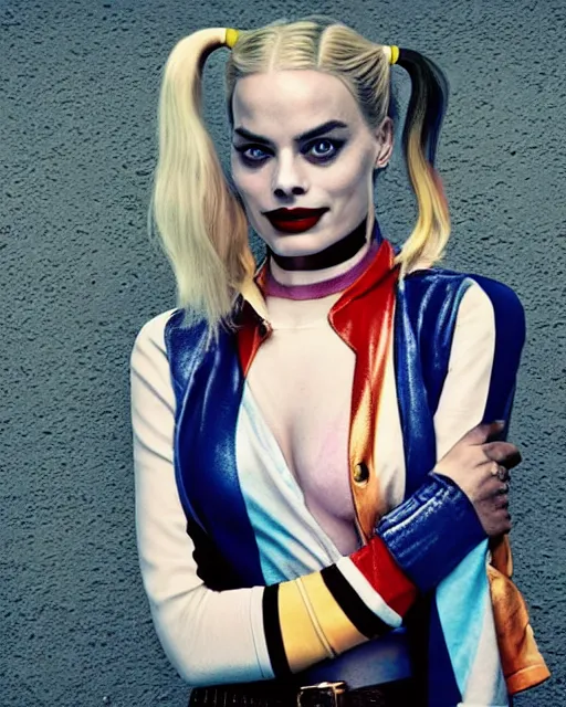 Prompt: 3 5 mm photo of elegant suicide squad margot robbie that looks like harley quinn, long blonde hair and big eyes, beautiful smile, finely detailed perfect face, standing on the wet street at sunset, ambient golden hour sunset lighting,