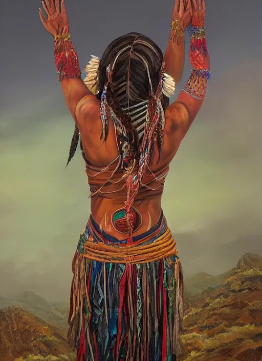 Image similar to a beautiful painting of an indigenous woman seen from behind, holding up her arms to the sky, full body, matte painting, fantasy art, ayahuasca, highly detailed