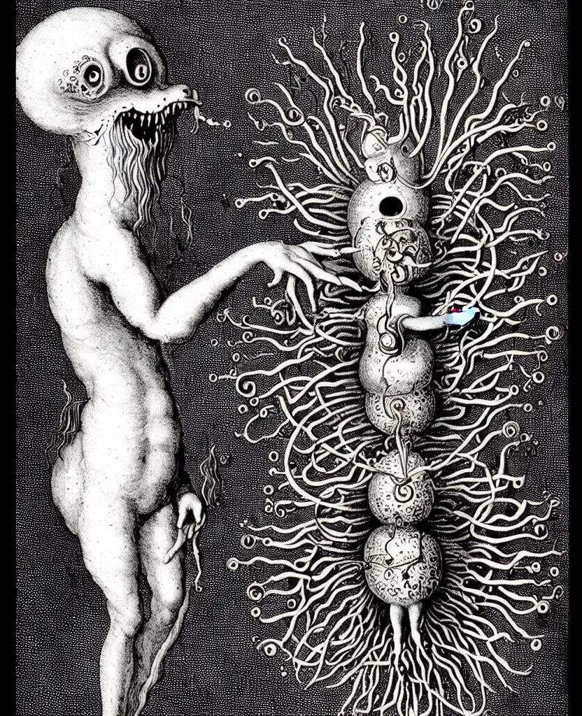 Image similar to whimsical freaky creature sings a unique canto about'as above so below'being ignited by the spirit of haeckel and robert fludd, breakthrough is iminent, glory be to the magic within