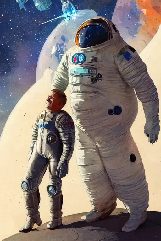 Image similar to upper body portrait of an obese kiefer sutherland wearing old tattered leather spacesuit, spaceship and nebula in the background, illustration by normal rockwell and mandy jurgens, influenced by john berkey and greg rutkowski, artstation character concept