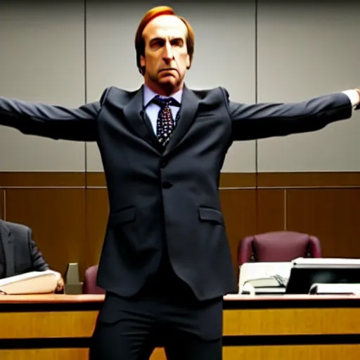 Image similar to saul goodman doing t - pose in courtroom to intimidate prosector