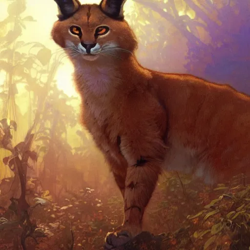 Image similar to concept art, a cute fluffy caracal, 8 k, alphonse mucha, james gurney, greg rutkowski, john howe, artstation