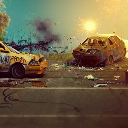 Prompt: two car wrecks on top of eachother, rusty, with graffiti of sun flowers on them, torn, war, realistic photo, octane render, cinematic lightning, 8 k, volumetric illumination
