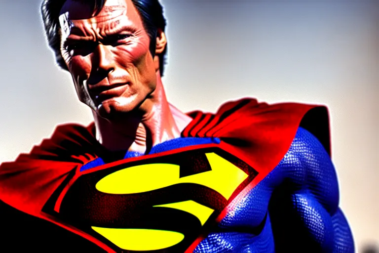 Image similar to clint eastwood as superman in the 1 9 8 0's, superhero film, hyperrealistic, detailed, smooth, sharp focus