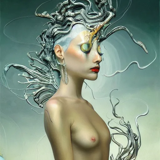 Image similar to beautiful painting of a white aquatic arthropod oniric landscape with silver linings and melting jewelry in the style of Francis Bacon, Karol Bak, Daturahex and Jesse Kanda. Dark background, detailed, trending on Artstation