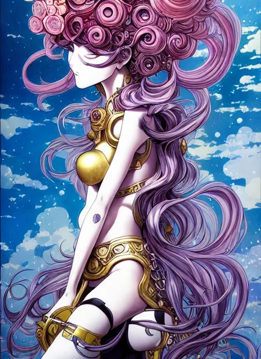 Image similar to exquisite imaginative fate manga poster of princess mechine, long curl hair, art nouveau, armor, ruffles, fluorescent, illustration, artstation, dark fantastic, highly detailed, 8 k, maximalist, by katsuhiro otomo, shigenori soejima, minaba hideo, jump comics