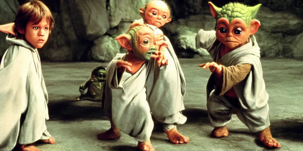 Image similar to screenshot of Luke Skywalker teaching baby yoda Grogu in a Jedi Temple, 1970s thriller by Stanely Kubrick film, color kodak, ektochrome, anamorphic lenses, detailed faces, moody cinematography